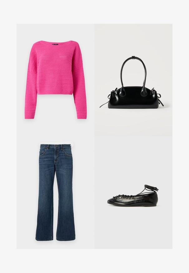 Lyserød cropped sweater med et struktureret strikmønster, bred halsudskæring og lange ærmer. Ribbet nederste kant og manchetter. Fremstillet af et letvægtsmateriale.; Mørkeblå jeans med vide ben og klassisk design med fem lommer, der har knaplukning og diskret falming. Fremstillet af denimstof.; Sorte balletflade sko i laklæder med rundet tå, snørelukning og flad sål. Glat tekstur med få detaljer.; Lille sort blank håndtaske med to lange håndtag og snøre-detaljer i siden på en ensfarvet lys baggrund.