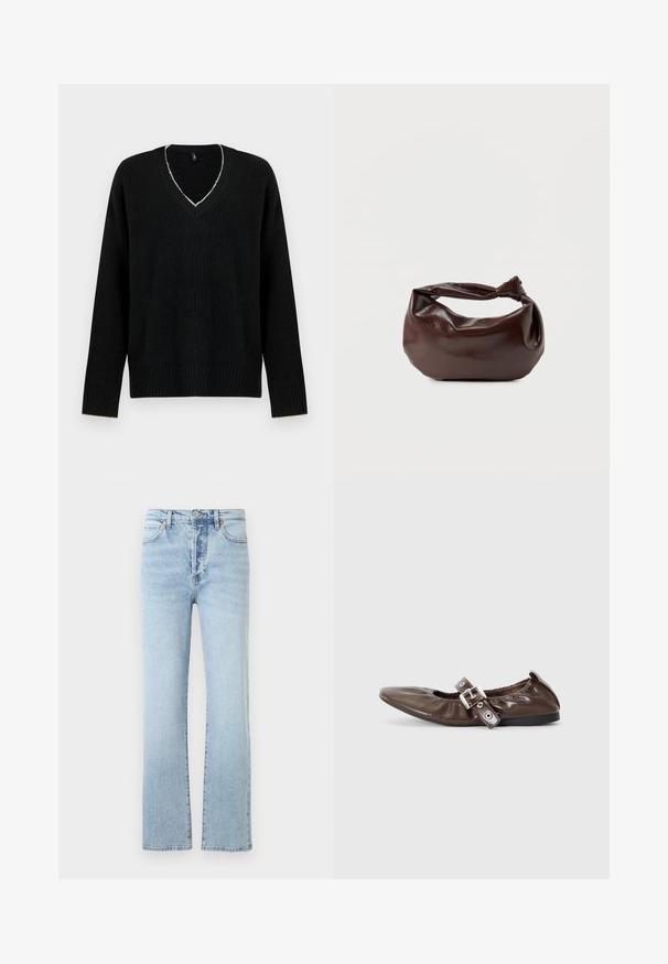 Pull noir oversize avec un col en V profond, texture côtelée et manches longues. Coutures claires notables autour de l'encolure.; Jean en denim bleu clair avec une coupe droite, dotés d'une taille haute, d'un style classique à cinq poches et d'un léger effet délavé.; Chaussure plate en cuir verni marron avec un bout pointu, un détail de nœud élastiqué et une accent en boucle en argent sur le côté. Semelle en caoutchouc noir.; Sac bandoulière en cuir marron foncé avec une forme souple et décontractée et une anse nouée torsadée sur un fond blanc uni.