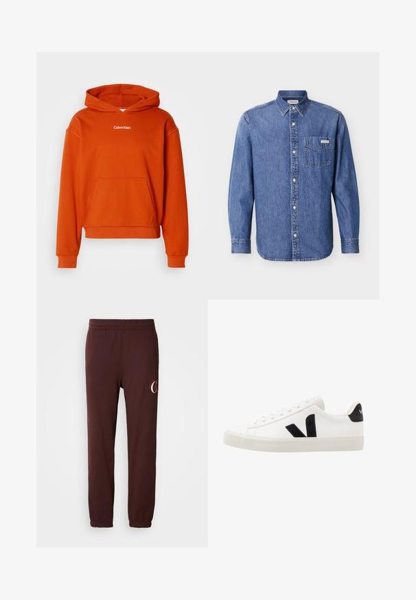 Orangener Kapuzenpullover mit einer Kängurutasche und weißem "Calvin Klein"-Logo auf der Brust. Hergestellt aus weichem, texturiertem Stoff.; Jeanshemd in mittlerem Blau mit langen Ärmeln, durchgehendem Knopfleiste und einer einzelnen Brusttasche mit Logo-Aufnäher. Klassisches Hemdkragen-Design.; Burgunderfarbene Jogginghosen aus weicher Baumwolle, mit einem elastischen Bund, gerippten Knöcheln und einem dezenten Logo auf dem linken Bein.; Weiße Leder-Sneaker mit schwarzen Wildlederelementen; verfügen über eine Gummisohle, eine runde Spitze und ein klassisches Schnürdesign. Seitliches Logo in Schwarz.