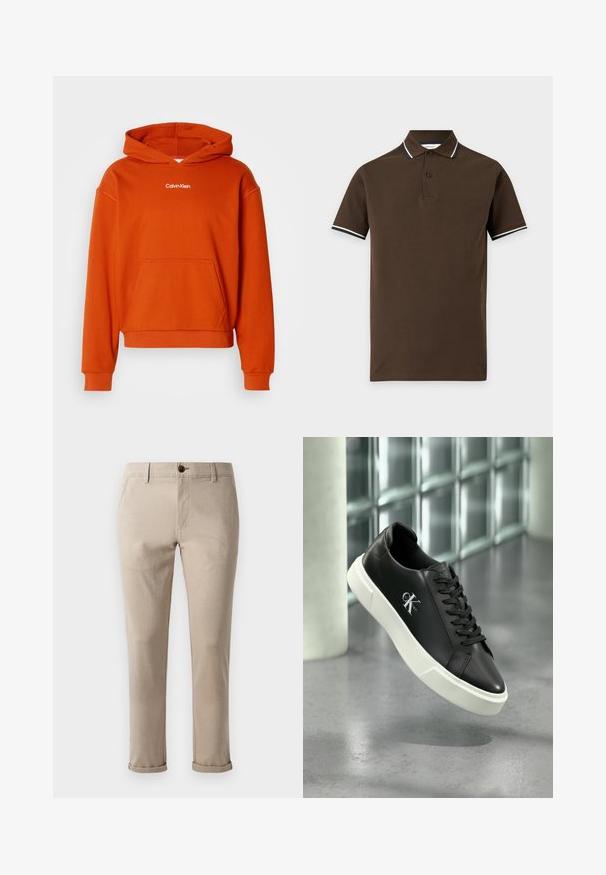 Oranžová mikina s kapucňou, s predným vreckom a bielym logom "Calvin Klein" na hrudi. Vyrobená z mäkkej, textúrovanej látky.; Hnedé polo tričko s krátkym rukávom, zapínanie na dva gombíky a bielym a námornícko modrým pruhovaným lemom na golieri a okrajoch rukávov.; Jack & Jones JPSTMARCO FURY NOOS - Nohavice chinos - atmosphere; Čierna kožená teniska s bielou gumovou podrážkou a logom „CK Calvin Klein“ na boku, vystavená na pozadí z dlaždicového skla.