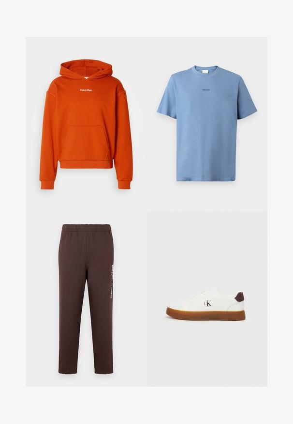 Orangener Kapuzenpullover mit einer Kängurutasche und weißem "Calvin Klein"-Logo auf der Brust. Hergestellt aus weichem, texturiertem Stoff.; Helles, blaues Baumwoll-T-Shirt mit kurzen Ärmeln, Rundhalsausschnitt und dezentem "Calvin Klein"-Logo in Schwarz auf der Brust. Glatte Textur.; Braune Jogginghose aus weichem Stoff mit elastischem Bund und weißem Logo auf dem linken Bein. Eng anliegende Bündchen an den Knöcheln.; Weiße Sneaker mit einer Gummisohle, flachen Schnürsenkeln und einem braunen Wildleder-Heel-Akzent. Mit einem dezenten, geprägten "cK"-Logo an der Seite.