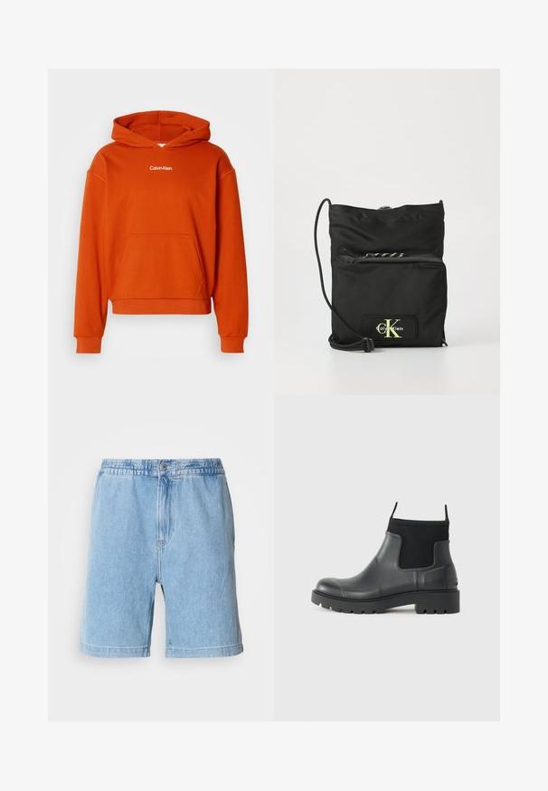 Oranž kapuutsiga sviiter, millel on esikott ja valge "Calvin Klein" logo rinnal. Valmistatud pehmest, struktureeritud kangast.; Heledsinine denimpüksid, millel on elastne vöökoht, eesnuppude sulgemine, küljetaskud ja sirge lõike disain. Keskmise reie pikkus.; Mustad mustadest kummist ankle'ide saapad, millel on matt viimistlus, sujuv disain, elastsed paneelid ja paks tald, mis tagab haarduvuse.; Mustast nailonist valmistatud õlgkott, millel on reguleeritav nöörrihm, esiotsas lukuga tasku ja fluorestseeriv logo-plaat nahkaktsentiga.