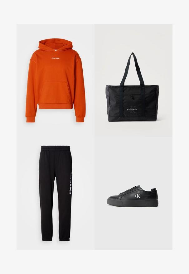 Oranž kapuutsiga sviiter, millel on esikott ja valge "Calvin Klein" logo rinnal. Valmistatud pehmest, struktureeritud kangast.; Mustad mustrenääridega mustad jooksulükkepüksid, millel on elastne vöökoht ja kitsenevad säärted. Vasakul säärel on valge "Calvin Klein" logo trükitud. Sile tekstuur.; Musthave nahkakengad ümarate varvastega, lame musta tallaga ja sama tooni paeladega. Küljel on hõbedane logo, pind on sile.; Must Calvin Kleini õlakott kahe pika sangaga, esiküljel tõmblukuga tasku ja keskel trükitud logoga.