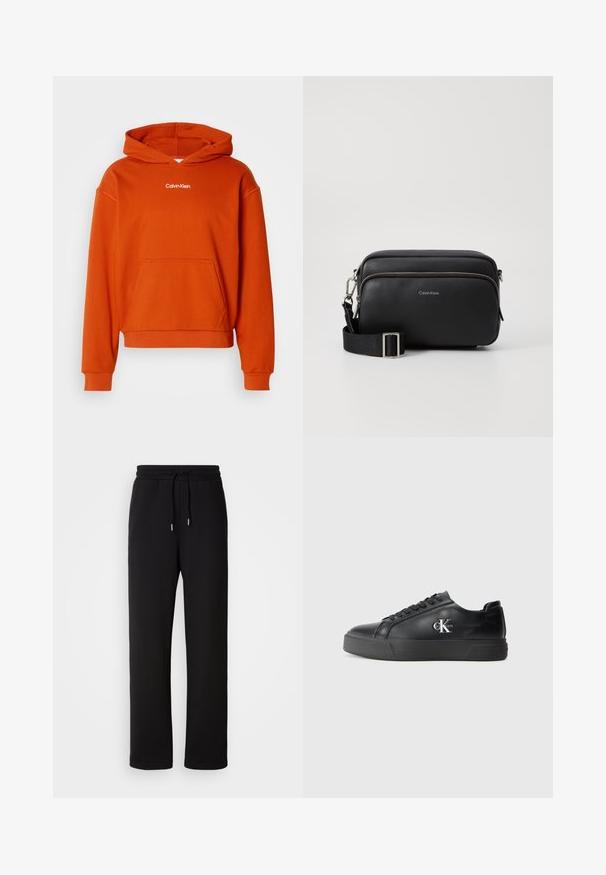 Orangener Kapuzenpullover mit einer Kängurutasche und weißem "Calvin Klein"-Logo auf der Brust. Hergestellt aus weichem, texturiertem Stoff.; Schwarze Sweatpants aus weichem Stoff, mit einem Kordelzugbund, geraden Beinen und ohne zusätzliche Muster oder Akzente.; Schwarze Ledersneaker mit abgerundeter Zehenpartie, flacher schwarzer Sohle und tonaler Schnürung. Mit einem silbernen Logo an der Seite, durchgehend glatte Textur.; Schwarze Leder-Crossbody-Tasche mit zwei Reißverschlussfächern, strukturiertem Finish, verstellbarem Tragegurt und silbernen Hardware-Details. Calvin Klein-Logo angebracht.