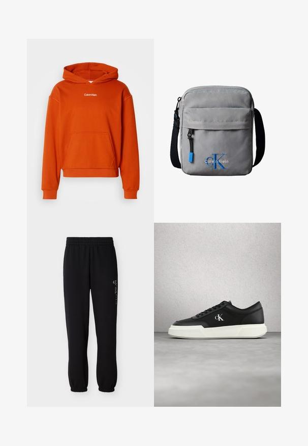 Orangener Kapuzenpullover mit einer Kängurutasche und weißem "Calvin Klein"-Logo auf der Brust. Hergestellt aus weichem, texturiertem Stoff.; Schwarze Jogginghose aus weichem Stoff mit elastischem Bund, Bündchen an den Knöcheln und einem gedruckten Logodetail an der Seite.; Schwarzer Ledersneaker mit weißer Sohle und "cK" Logo, schwebend vor einer Wand aus Glasklötzen und einem Betonboden.; Graue Calvin Klein Umhängetasche mit vorderer Reißverschlusstasche, schwarzem verstellbarem Schulterriemen und blauer "cK"-Logo-Stickerei auf der Vorderseite.
