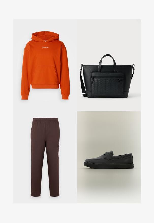 Orangener Kapuzenpullover mit einer Kängurutasche und weißem "Calvin Klein"-Logo auf der Brust. Hergestellt aus weichem, texturiertem Stoff.; Braune Jogginghose aus weichem Stoff mit elastischem Bund und weißem Logo auf dem linken Bein. Eng anliegende Bündchen an den Knöcheln.; Schwarzer lässiger Lederloafer mit Schnürdetails und dicker Gummisohle, seitlich auf neutralem Hintergrund dargestellt.; Schwarze Ledertasche mit zwei oberen Griffen, verstellbarem Schulterriemen und einer strukturierten Vordertasche mit einem dezenten gewebten Muster.