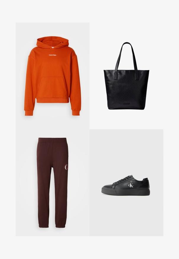 Orangener Kapuzenpullover mit einer Kängurutasche und weißem "Calvin Klein"-Logo auf der Brust. Hergestellt aus weichem, texturiertem Stoff.; Burgunderfarbene Jogginghosen aus weicher Baumwolle, mit einem elastischen Bund, gerippten Knöcheln und einem dezenten Logo auf dem linken Bein.; Schwarze Ledersneaker mit abgerundeter Zehenpartie, flacher schwarzer Sohle und tonaler Schnürung. Mit einem silbernen Logo an der Seite, durchgehend glatte Textur.; Schwarze Tragetasche mit zwei langen Griffen, dezentes geometrisches Muster, rechteckige Form und kleinem Markenlabel nahe der unteren Mitte.