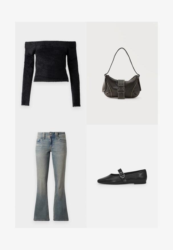 Good American OFF SHOULDER LONG SLEEVE - Pullover - black; Jean évasé bleu clair en denim. Comprend deux poches avant, une fermeture à bouton et un léger dégradé sur le tissu.; Chaussure plate en cuir noir avec un bout arrondi, une seule sangle réglable à boucle et une texture lisse et brillante. Design minimaliste avec un petit talon.; Sac à épaule en cuir noir avec une sangle à boucle, des bords arrondis et des coutures blanches contrastées sur un fond uni.