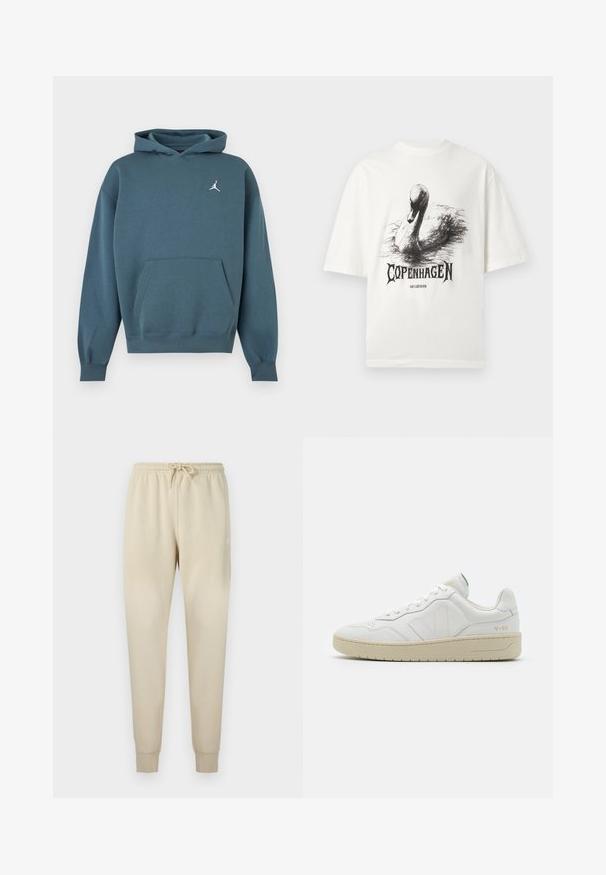 Sweat à capuche bleu sarcelle foncé avec poche kangourou à l'avant et petit logo Jumpman blanc sur la poitrine gauche.; T-shirt blanc à manches courtes avec un croquis noir de cygne et le texte "Copenhagen" et "Han Kjobenhavn" sous le motif.; Pantalon de jogging beige en tissu doux, avec une taille élastique à cordon de serrage et des poignets ajustés, souligné par un petit logo.; Baskets en cuir blanc avec une finition texturée et un col rembourré. Elles sont dotées d'une semelle en caoutchouc beige et d'une discrète branding sur le talon et le côté.