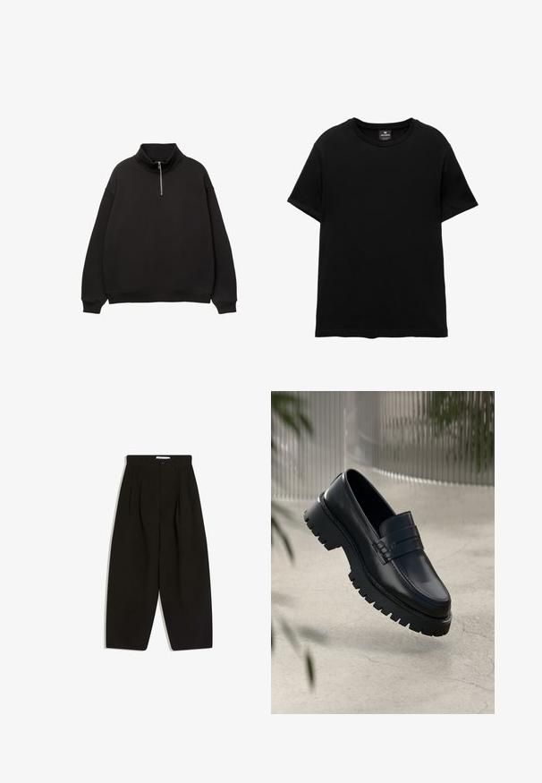 Pull noir à manches longues avec col montant et fermeture éclair demi-devant, poignets et ourlet côtelés, sur fond blanc.; T-shirt noir à manches courtes avec col rond, étiquette Pull&Bear à l’intérieur du col, posé à plat sur un fond blanc.; Pantalon noir à jambes larges en tissu doux, avec un devant plissé, une fermeture à boutons et des poches latérales pour plus de fonctionnalité.; Mocassins en cuir noir avec une semelle à crampons épaisse, dotés d'une sangle décorative et de détails de couture. Texture lisse avec une finition polie.