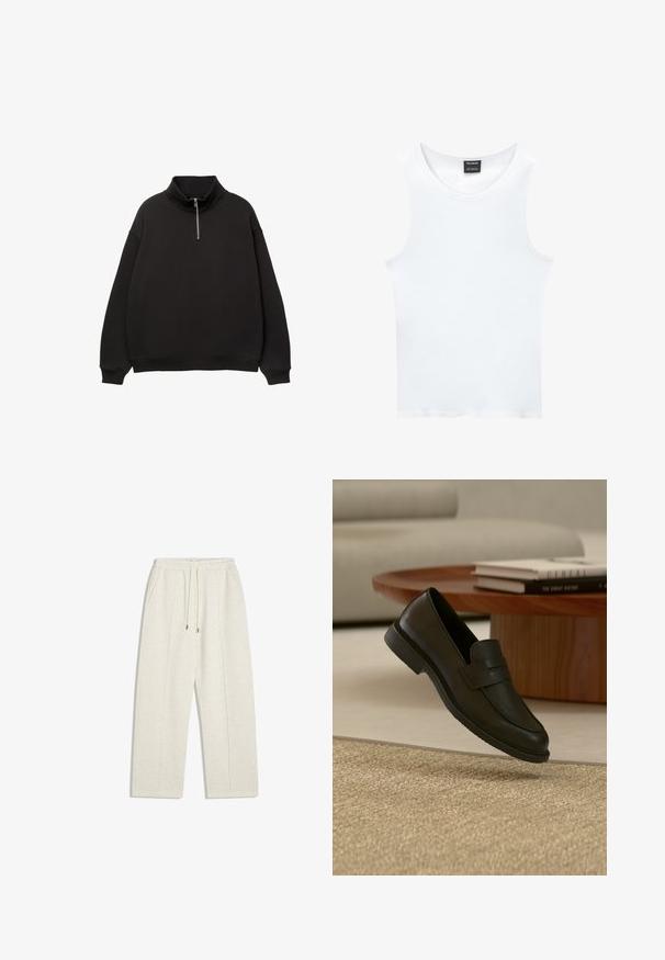 Pull noir à manches longues avec col montant et fermeture éclair demi-devant, poignets et ourlet côtelés, sur fond blanc.; Débardeur blanc sans manches en coton côtelé. Présente un col rond et une texture lisse. L'étiquette indique "PULL&BEAR."; Pantalons de survêtement larges couleur beige clair en tissu doux. Dotés d'une taille élastique avec cordon de serrage et de poches latérales pour plus de praticité.; Chaussure mocassin en cuir noir présentée en suspension au-dessus d'un tapis beige tissé, avec une table en bois et des livres empilés dans un salon doucement éclairé.