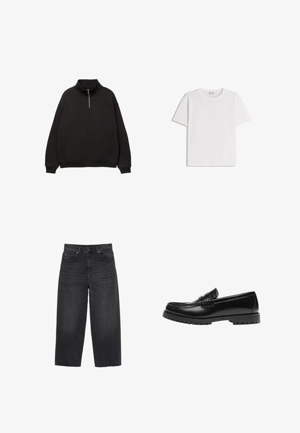 Pull noir à manches longues avec col montant et fermeture éclair demi-devant, poignets et ourlet côtelés, sur fond blanc.; T-shirt en coton blanc avec un col rond et des manches courtes. Présente une coupe classique et carrée, sans motifs ni accents visibles.; Jean noir à jambes larges avec une taille haute, bouton et fermeture éclair à l'avant, passants pour ceinture, et poches avant et arrière.; Mocassin en cuir noir avec une semelle en caoutchouc épaisse et un détail classique de bride à monnaie, vu de côté extérieur.