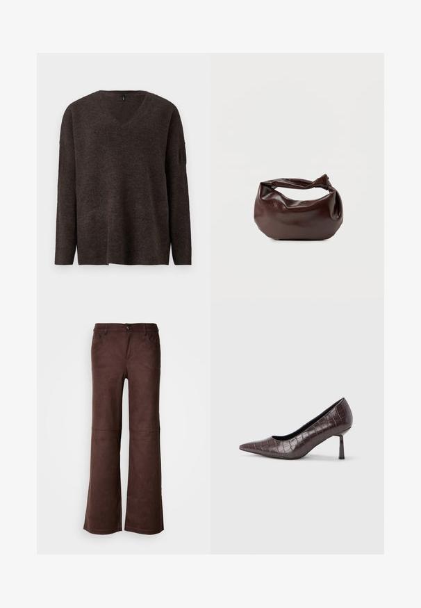 Pull en v noir, marron foncé, avec des manches longues et une coupe décontractée. Texture douce et légère nervure aux poignets et à l'ourlet. Pas de logos visibles.; Pantalons évasés marron en tissu doux semblable à du daim. Comprend quatre poches, une fermeture à bouton et une surface lisse et texturée.; Escarpins à bout pointu en similicuir marron avec une texture crocodile, dotés d’un talon fin et angulaire ainsi que d’une doublure intérieure lisse.; Sac bandoulière en cuir marron foncé avec une forme souple et décontractée et une anse nouée torsadée sur un fond blanc uni.