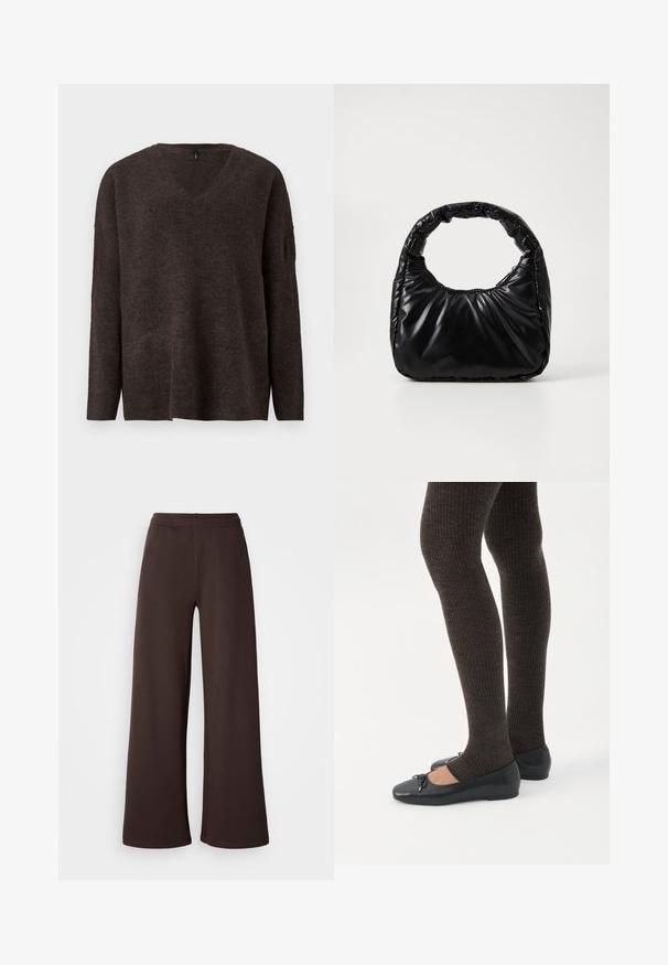 Pull en v noir, marron foncé, avec des manches longues et une coupe décontractée. Texture douce et légère nervure aux poignets et à l'ourlet. Pas de logos visibles.; Pantalons larges en marron foncé, fabriqués en tissu doux avec une taille élastique et un ourlet propre, idéaux pour le confort et le style décontracté.; Jambes portant des leggings côtelés foncés associés à des ballerines noires avec de petits détails en nœud sur fond blanc.; Sac à main noir rembourré avec une poignée arrondie, présentant une surface lisse et brillante ainsi qu'une texture douce et matelassée. Pas de quincaillerie ou d'accents visibles.