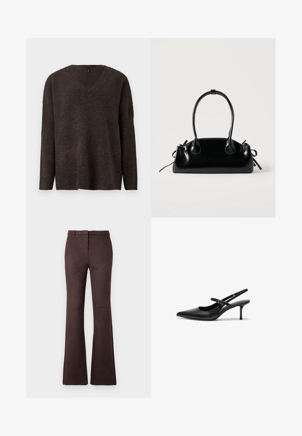 Pull en v noir, marron foncé, avec des manches longues et une coupe décontractée. Texture douce et légère nervure aux poignets et à l'ourlet. Pas de logos visibles.; Pantalons évasés marron en tissu doux avec une texture lisse. Présente une fermeture éclair à l'avant, des passants de ceinture et une silhouette propre et tailleur.; Talons aiguilles noires en cuir avec un bout pointu, une fine bride réglable, et un talon aiguille d'environ 5 cm, texture lisse.; Petit sac à main noir brillant avec deux longues anses et des détails à cordon sur les côtés sur un fond clair uni.