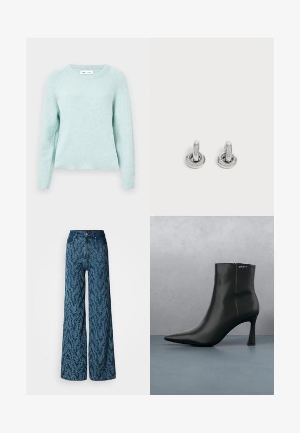 Licht mintgroene pullovertrui van zacht, gestructureerd stof. Heeft een ronde halslijn en geribde manchetten. Klassieke pasvorm met raglanmouwen.; Wijd uitlopende jeans met hoge taille in donkerblauw denim, voorzien van een lichtblauw abstract gevlekt patroon, met knoopsluiting aan de voorkant en zakken.; Zwarte leren enkellaars met spitse neus en een geometrische hak. Heeft subtiele branding en een gladde textuur. De achtergrond heeft getextureerde tegels.; Een paar kleine, glanzende zilveren creolen met een ronde basis, afgebeeld op een effen lichte achtergrond.