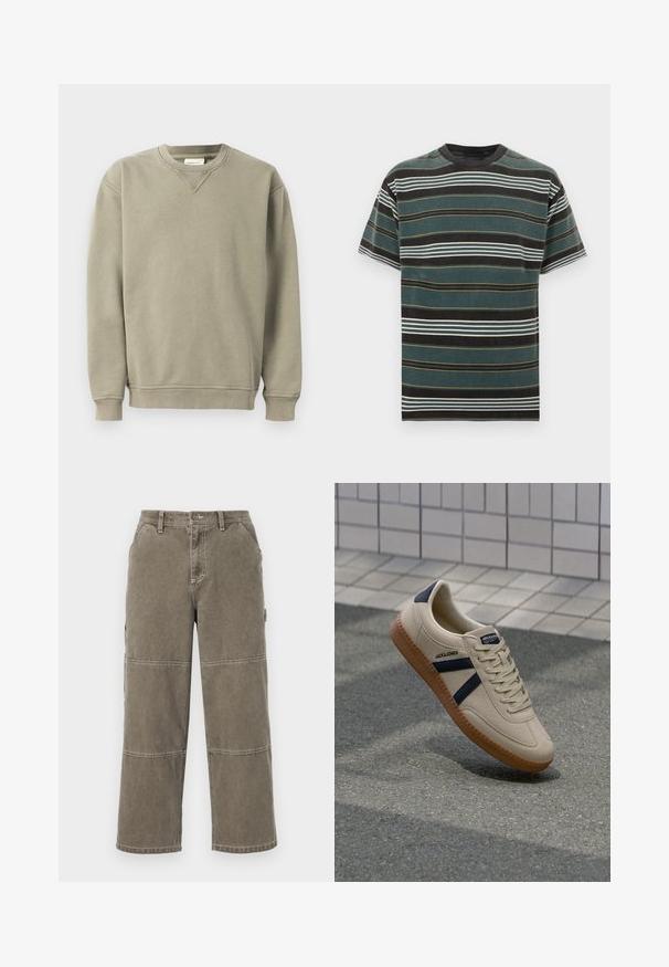 Kaki sweatshirt lavet af blød bomuldsblanding, med rund halsudskæring, ribbede manchetter og en afslappet pasform med diskrete syninger.; Kortærmet t-shirt med striber i mørkegrøn, sort og hvid med orange accenter. Har rund halsudskæring og en afslappet pasform.; Bomulds cargobukser i dæmpet olivengrøn med brede ben, dobbelt-syede detaljer og sidelommer, med knaplukning og bæltestropper.; Beige sneaker med struktureret overflade, marineblå striber og gummisål. Har en polstret tunge og traditionelt snørresystem for en sikker pasform.