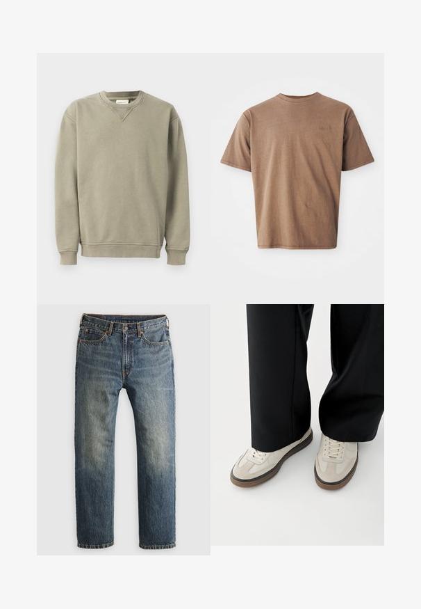 Kaki sweatshirt lavet af blød bomuldsblanding, med rund halsudskæring, ribbede manchetter og en afslappet pasform med diskrete syninger.; Brun bomulds t-shirt med rund hals, korte ærmer og et diskret broderet logo på venstre brystområde. Glat tekstur, afslappet pasform.; Blå, falmede lige ben denim jeans med forlommer, bæltestropper, knap og lynlås lukning på en lys baggrund.; Fødder iført beige sneakers med brune såler og sorte bukser med vide ben på hvid baggrund.