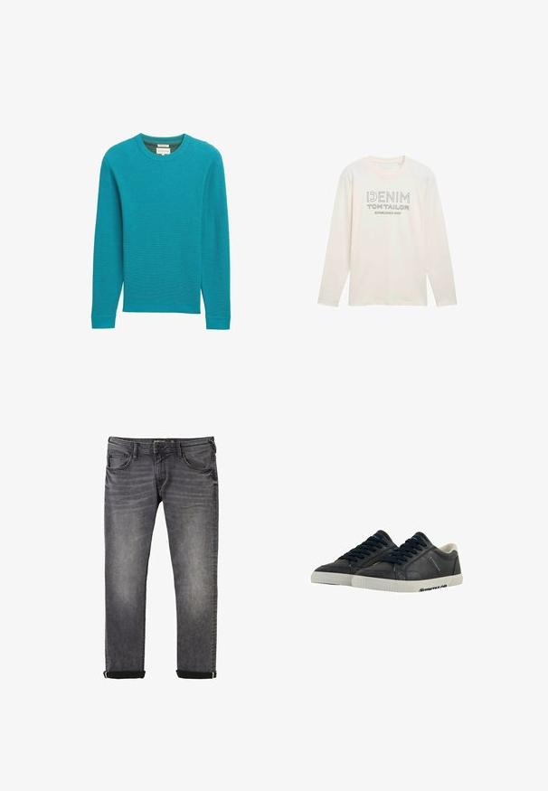Teal geribbelde gebreide sweater met lange mouwen en een ronde hals. Textuurstof en een rechte pasvorm. Geen zichtbare merknaam of patronen.; Licht crème longsleeve shirt met ronde hals, voorzien van een bedrukt logo in het grijs met de tekst "DENIM TOM TAILOR ESTABLISHED 2007."; Grijze denimjeans met een recht gesneden ontwerp, voorzien van een klassieke vijf-pocket stijl, opgerolde zoom en subtiele vervaging op de stof.; Marine leren sneakers met witte rubberen zolen, ronde neus en zwarte veters. Subtiele texturen en branding aan de zijkanten. Casual ontwerp.