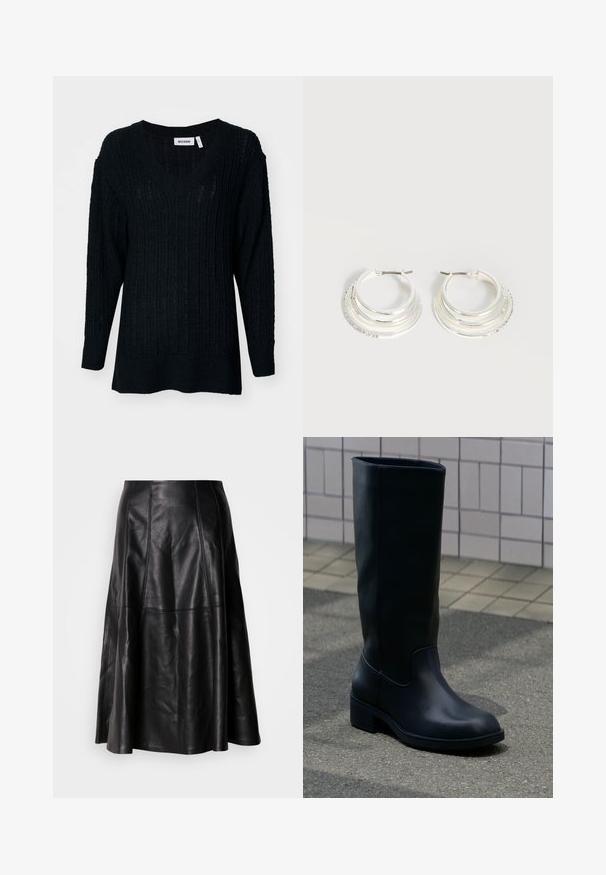 Pull en tricot noir avec un col en V, texture côtelée et manches longues. Coupe ample avec un dos légèrement plus long. Étiquette de la marque visible.; Jupe en cuir noir avec une silhouette évasée, présentant des coutures visibles et une texture lisse. Conception mi-longue avec une coupe classique.; Botte haute en cuir noir avec un talon bas et épais, posée sur le trottoir près d’un mur carrelé en arrière-plan.; Boucles d'oreilles créoles en argent avec trois bandes semi-circulaires superposées, dont une ornée de petits cristaux clairs sur un fond clair.