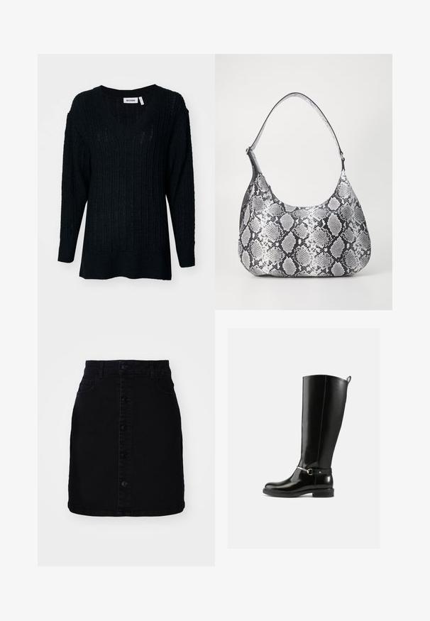 Pull en tricot noir avec un col en V, texture côtelée et manches longues. Coupe ample avec un dos légèrement plus long. Étiquette de la marque visible.; Jupe en denim noir avec fermeture à boutons sur le devant, deux poches, une coupe droite et un ourlet net. Fabriquée dans un tissu solide avec une texture lisse.; Bottes noires montantes en cuir verni, avec un détail de boucle argentée à la cheville et une conception à bout arrondi. Semelle plate.; Sac à épaule en simili cuir noir et blanc avec imprimé serpent, de forme arrondie, texture lisse et bandoulière incurvée. Présente un accent en matériel argenté.