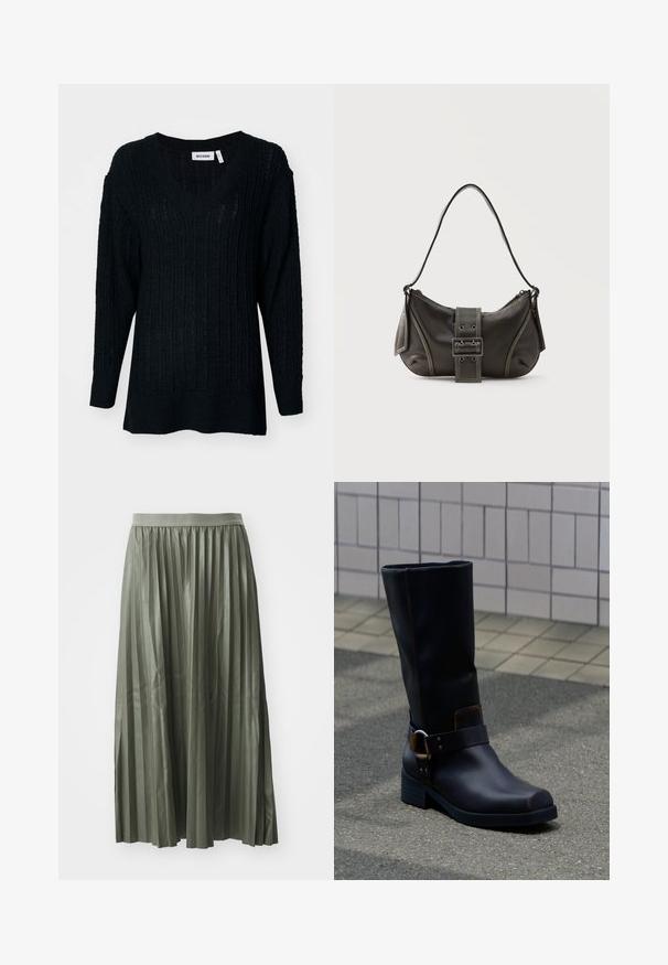 Pull en tricot noir avec un col en V, texture côtelée et manches longues. Coupe ample avec un dos légèrement plus long. Étiquette de la marque visible.; Jupe midi plissée en vert doux, réalisée en tissu brillant. Elle possède une taille élastique et tombe au milieu du mollet avec des plis verticaux régulièrement espacés.; Botte en cuir noire mi-mollet avec un talon bas et une bride décorative avec boucle en métal, posée sur une surface pavée grise près d'un mur carrelé.; Sac à épaule en cuir noir avec une sangle à boucle, des bords arrondis et des coutures blanches contrastées sur un fond uni.