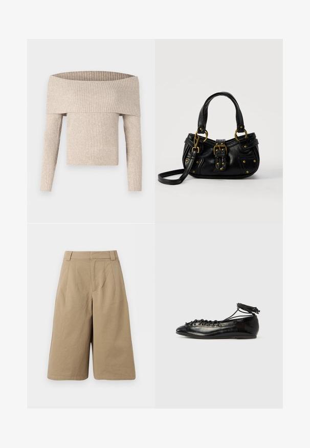 Pull beige en maille côtelée à manches longues et épaules dénudées, avec un large col rabattable et une silhouette cintrée.; Shorts beige à longueur genou avec passants de ceinture, plis avant et fermeture avant dissimulée, fabriqués en tissu doux.; Ballerines en cuir verni noir avec un bout rond, un design à lacets et une semelle plate. Texture lisse avec peu de détails.; Sac à main en cuir noir avec boucle dorée et détails à rivets, poignées courtes et bandoulière réglable sur fond blanc uni.