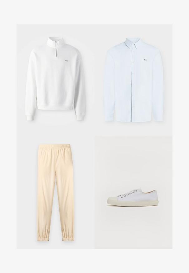 Sweatshirt blanc avec col zippé à mi-hauteur, manches longues et poignets côtelés. Présente un petit logo sur la poitrine et un design à coupe décontractée.; Chemise bleu clair à manches longues avec boutons, col boutonné et petit logo crocodile vert sur la poitrine gauche.; Pantalon beige clair à taille élastique avec poignets froncés, coupe droite et tissu lisse, présenté sur un fond clair uni.; Baskets en toile blanches avec bout rond, semelle plate en caoutchouc crème, six oeillets pour les lacets et détails de couture subtils sur la tige.