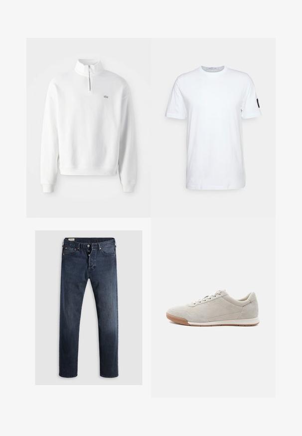 Hvid sweatshirt med halv-zip krave, lange ærmer og ribbede manchetter. Har et lille logo på brystet og en afslappet pasform.; Hvid kortærmet crew neck T-shirt med en lille sort lap på venstre ærme, vist på en ensfarvet lys baggrund.; Mørkeblue denimjeans med lige ben, der har lynlås i fly, metalknapper og kobbernitter. Glat tekstur, ingen synlige mønstre.; Lyse beige ruskindssneaker med hvide snørebånd, gummisål og subtile syningsdetaljer, vist fra venstre side på en hvid baggrund.