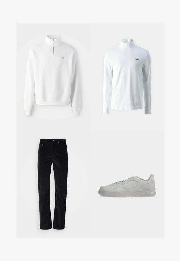 Hvid sweatshirt med halv-zip krave, lange ærmer og ribbede manchetter. Har et lille logo på brystet og en afslappet pasform.; Hvid langærmet turtleneck trøje lavet af blødt stof, med et lille grønt broderet logo på brystet og tætsiddende mancher.; Sorte fløjlsbukser med lige ben. Har en knaplukning og fem lomme-stil. Tekstureret ribbet stof.; Hvid lav Lacoste sneaker med snørebånd, præget logo på siden og tekstureret sål på en ensfarvet baggrund.