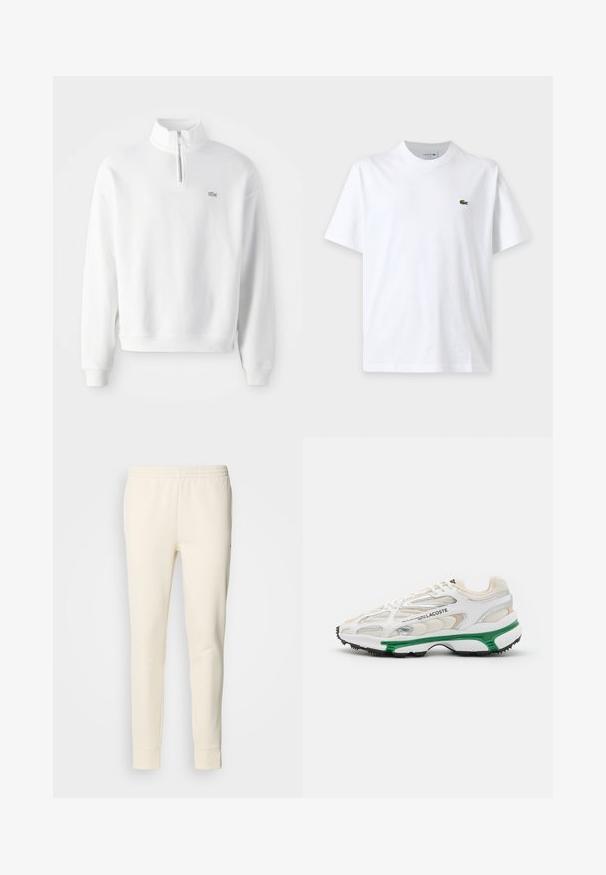 Hvid sweatshirt med halv-zip krave, lange ærmer og ribbede manchetter. Har et lille logo på brystet og en afslappet pasform.; Simpel hvid t-shirt med korte ærmer, rund hals og lille grønt krokodillelogo på venstre bryst.; Cremfarvet sweatpants lavet af blødt stof, der har elastoisk talje, tætsiddende ben og manchetter ved anklerne. Enkel design uden mønstre.; Hvide sneakers med grønne accenter og sort gummisål. Har mesh- og syntetiske paneler med en struktureret overflade og synlige sømme.
