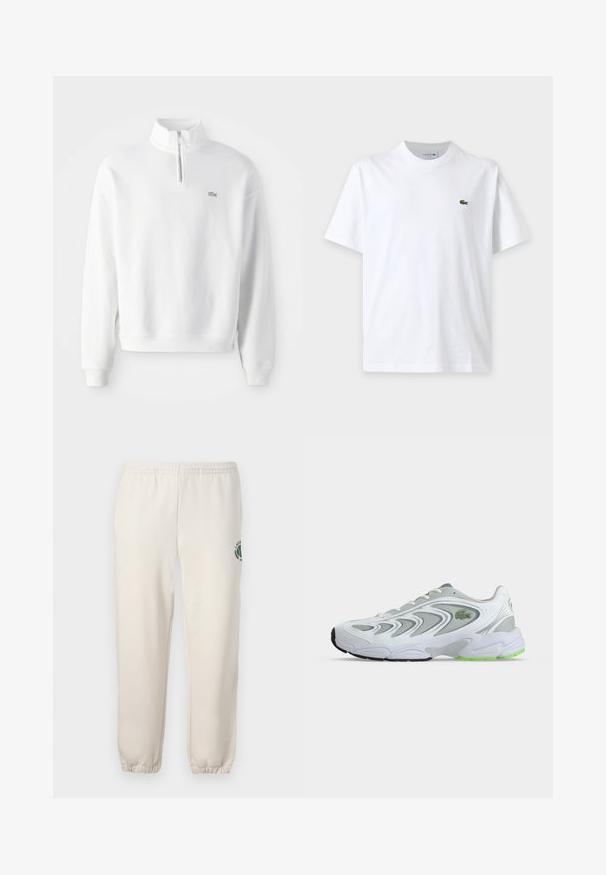 Sweatshirt blanc avec col zippé à mi-hauteur, manches longues et poignets côtelés. Présente un petit logo sur la poitrine et un design à coupe décontractée.; T-shirt blanc uni à manches courtes avec col rond et petit logo crocodile vert sur la poitrine gauche.; Pantalon de jogging beige clair en coton, doté d'une taille élastique, de poignets en côtes et d'un logo vert avec un design de feuille sur la jambe gauche.; Baskets de sport blanches et grises avec des touches vertes et un logo, panneaux en mesh et une semelle épaisse et rembourrée, vues de côté sur un fond uni.