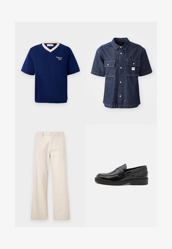 Marineblå kortærmet striktrøje med cremefarvet V-hals og "Originals Club" broderet på venstre bryst.; Mørkeblå denim skjorte med korte ærmer og knaplukning i front, med to brystlommer og et lille logo-patch nær venstre lomme.; Beige vide bukser lavet af letvægtsstof, med knaplukning og forlommer, med en glat, ubehandlet overflade.; Sorte læder loafers med en glat finish, rund tå, lav hæl og dekorativ syning langs forsiden. Gummisål for godt greb.
