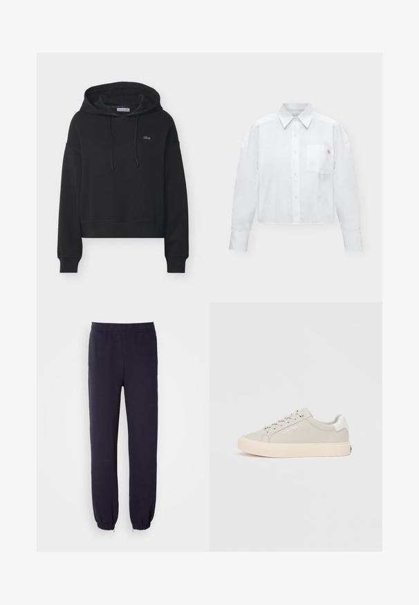 Sweat à capuche noir avec poche avant, capuche à cordon de serrage, poignets côtelés et petit logo brodé sur la poitrine.; Chemise blanche à manches longues boutonnée, avec col et poche poitrine comportant un petit logo brodé.; Pantalons de survêtement navy avec une taille élastique et des ourlets resserrés. Fabriqués à partir d'un tissu doux avec une texture lisse, sans motifs ni embellissements visibles.; Sneaker gris clair avec une texture lisse, bout arrondi et lacets blancs. Présente une semelle beige et un logo discret sur le côté.