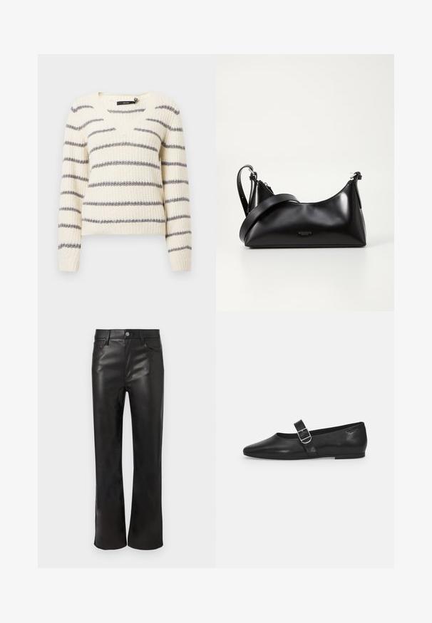 Pull en tricot crème avec des rayures horizontales grises, encolure en V, manches longues et poignets côtelés pour une texture et un ajustement. ; Pantalons en faux cuir noirs avec une coupe droite, dotés de poches avant et d'une fermeture à bouton visible. Texture lisse et finition brillante.; Chaussure plate en cuir noir avec un bout arrondi, une seule sangle réglable à boucle et une texture lisse et brillante. Design minimaliste avec un petit talon.; Sac à main en cuir noir avec une texture lisse. Dispose d'une bandoulière adjustable et d'un design élégant et minimaliste avec une fermeture éclair.