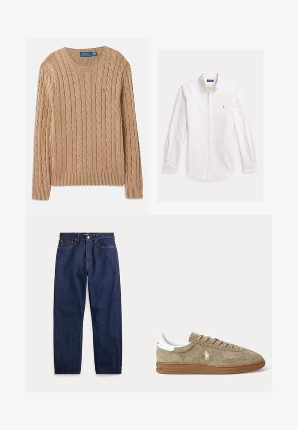 Beige strikket sweater med kabelmønster, rund halsudskæring, ribbede manchetter og kant. Har mærkets label på indersiden af halsen.; Hvid langærmet skjorte med tynde lodrette striber og lille broderet logo på brystet, vist fladt på lys baggrund.; Mørkeblå denimjeans med lige ben, fem lommer, knaplukning og synlige syninger.; Beige lavskoet ruskindesneaker med brun sål, hvid hældetalje, snørebånd og en hvid broderet polospillerlogo på siden.