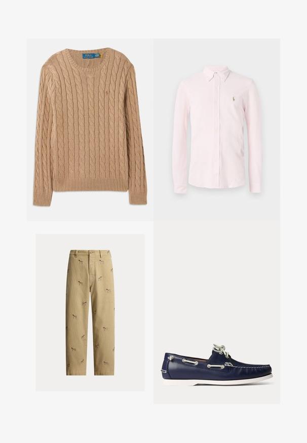 Beige strikket sweater med kabelmønster, rund halsudskæring, ribbede manchetter og kant. Har mærkets label på indersiden af halsen.; Lyserød langærmet skjorte med knapper, der har en knappet krave og et lille broderet logo på venstre bryst.; Beige fløjlsbukser med broderede hundemotiver, lige ben, fem lommer og knaplukning foran.; Flåden blå læder bådsko med hvide snørebånd og syninger, med hvid gummisål og metaløjer på en lyse baggrund.