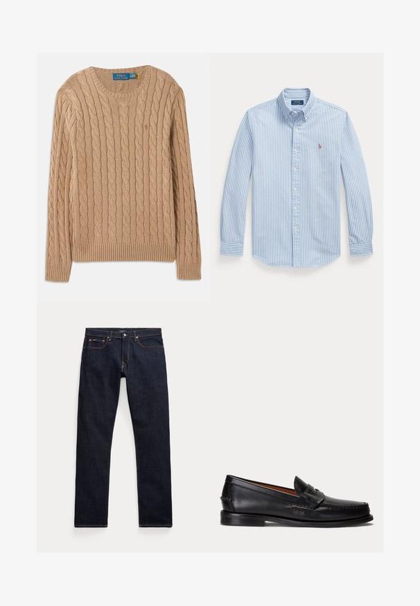 Beige strikket sweater med kabelmønster, rund halsudskæring, ribbede manchetter og kant. Har mærkets label på indersiden af halsen.; Lyseblå skjorte med lange ærmer, hvide lodrette striber og lille broderet Polo Ralph Lauren-logo på venstre bryst.; Mørkeblå denimjeans med fem lommer, kobbernitter og kontrastsyninger, lagt fladt mod en hvid baggrund.; Sort læderloafer med lav hæl og pennyremdetalje, vist fra siden på en lysegrå baggrund.