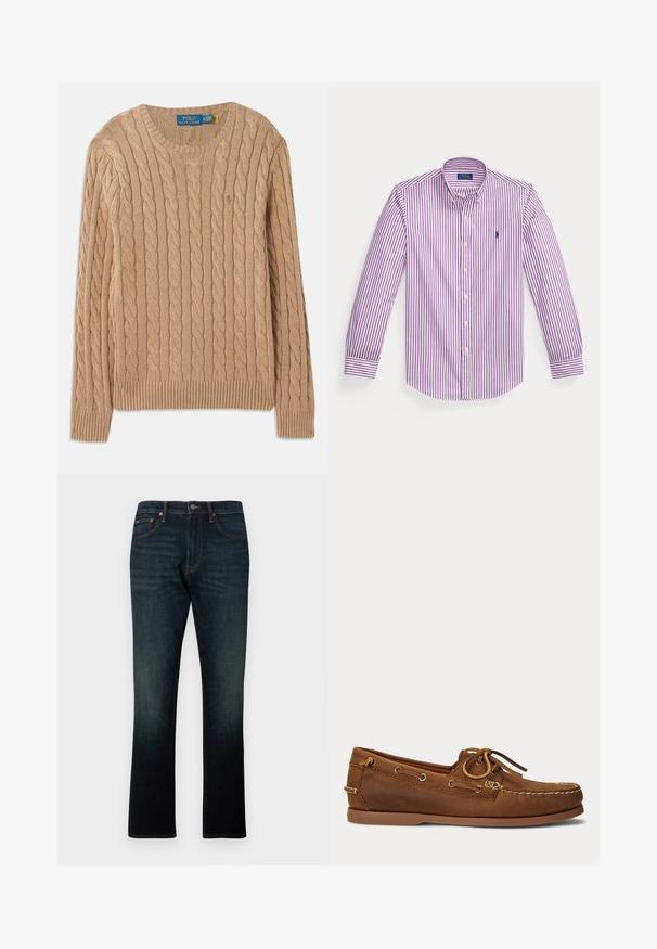 Beige strikket sweater med kabelmønster, rund halsudskæring, ribbede manchetter og kant. Har mærkets label på indersiden af halsen.; Langærmet skjorte med knapper, med lilla og hvide lodrette striber og et lille broderet logo på brystet.; Mørkeblå straight-leg denim jeans med fem lommer og orange syninger, vist fladt på en hvid baggrund.; Brun læder bådsko med mokasinsyning, snøredetalje træde gennem metaløjer og flad gummi sål vist fra siden.