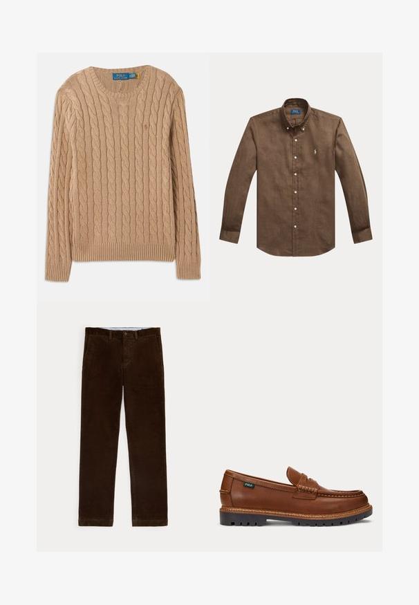 Beige strikket sweater med kabelmønster, rund halsudskæring, ribbede manchetter og kant. Har mærkets label på indersiden af halsen.; Langærmet brun skjorte med knapper, krave og lille hvidt broderet logo på venstre bryst.; Brune kordbukser med forlommer, bæltestropper og knaplukning, vist på hvid baggrund.; Brun læderloafer med syninger, robust sort sål og lille "Polo" mærkat på siden.
