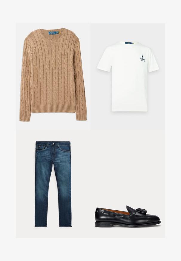Beige gebreide trui met kabelpatroon, ronde halslijn, geribbelde manchetten en zoom. Bevat het merkembleem aan de binnenkant van de hals.; Witte katoenen t-shirt met een ronde hals, korte mouwen en een blauw "POLO Ralph Lauren" logo op de linkerkant van de borst.; Donkerblauwe slim-fit jeans met vooraan een knoop en ritssluiting, vijf zakken en subtiel vervagen op de voorkant van de dijen en knieën.; Zwarte leren loafer met kwastdetail en lage hak, zijaanzicht tegen een effen achtergrond.