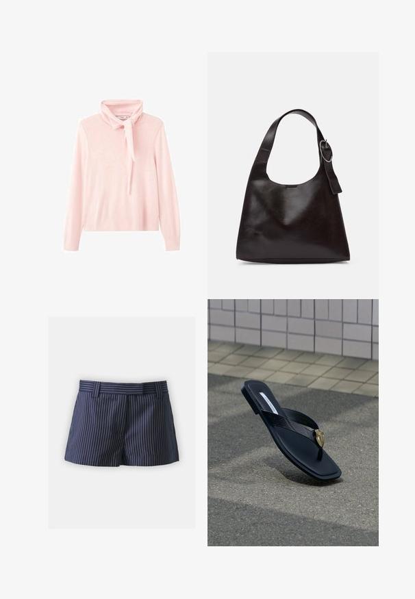 Suéter de color rosa claro hecho de material de punto suave, con un cuello alto y un detalle de lazo, así como puños y dobladillo acanalados.; Pantalones cortos de marine con rayas blancas verticales, confeccionados en una tela suave. Cuentan con una cinturilla estándar y dobladillos bien terminados.; Sandalia tipo chancla negra Steve Madden con tira acolchada y decoración dorada en forma de corazón, descansando sobre asfalto cerca de una pared con azulejos.; Bolso de hombro de cuero marrón con una textura suave, forma redondeada, asa ancha y un acento metálico circular en el mango.