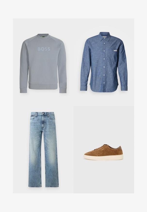 Sweat-shirt gris clair à col rond avec manches longues et texte embossé "BOSS" sur la poitrine, poignets et taille côtelés.; Chemise bleue à manches longues avec boutons, en tissu léger et texturé. Elle présente une poche sur le côté gauche de la poitrine et une petite étiquette logo. Les boutons sont de couleur claire.; Jean droit en denim bleu clair avec taille haute, cinq poches, fermeture à boutons et léger délavage sur les cuisses et les genoux.; Baskets en daim marron avec bout rond, semelle en caoutchouc crème et lacets ton sur ton. Présentent un logo en relief sur le côté et un panneau arrière lisse.