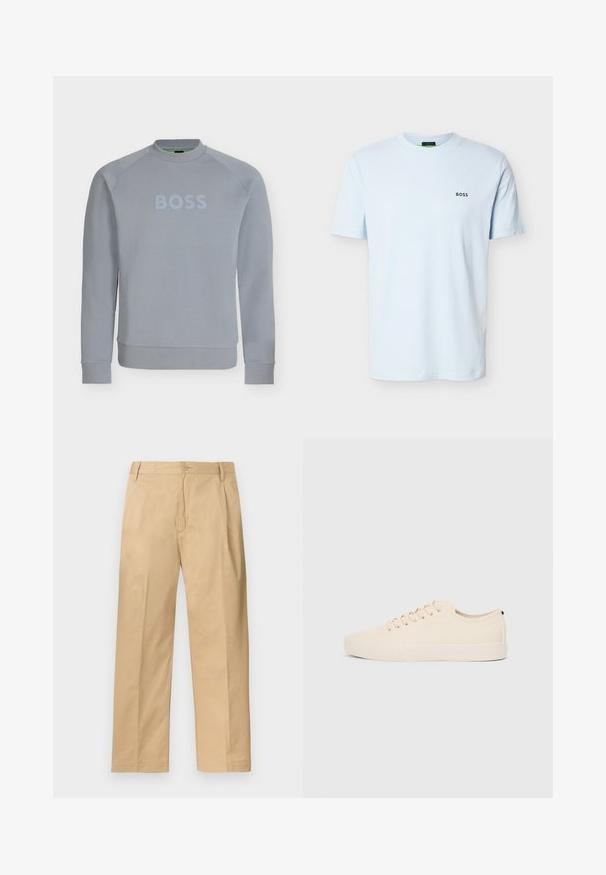 Sweat-shirt gris clair à col rond avec manches longues et texte embossé "BOSS" sur la poitrine, poignets et taille côtelés.; T-shirt bleu clair à manches courtes et col rond avec un petit logo noir "BOSS" sur le côté gauche de la poitrine.; Pantalon chino beige à jambe droite avec fermeture par boutons et zip, passants pour ceinture et poches latérales, étalé à plat sur un fond blanc.; Baskets en toile beige avec bout arrondi, semelle en caoutchouc plate et lacets à l'avant. Présente un design minimaliste et un accent noir contrastant au niveau du talon.