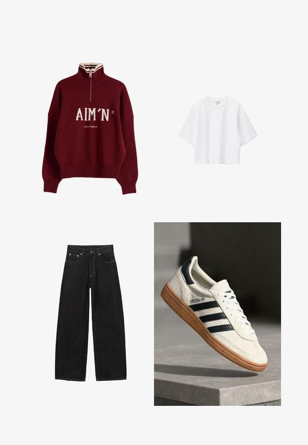 Pull-over marron avec demi-fermeture éclair, col montant avec une bande blanche, poignets et ourlet côtelés, et logo blanc "AIM'N SPORTSWEAR" sur le devant.; T-shirt blanc court en coton doux, avec col rond, manches courtes et coupe décontractée. Design simple et polyvalent.; Jean noir taille haute à jambes larges avec fermeture à boutons à l'avant, cinq poches, et coutures blanches visibles le long des coutures.; Baskets en daim blanc avec des bandes navy, semelle en caoutchouc gomme, tige texturée, bout rond et lacets ; arbore un logo sur le côté et sur la languette.