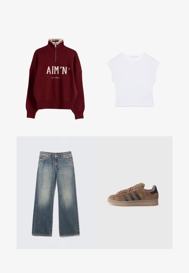 Pull-over marron avec demi-fermeture éclair, col montant avec une bande blanche, poignets et ourlet côtelés, et logo blanc "AIM'N SPORTSWEAR" sur le devant.; T-shirt court blanc à manches courtes avec col rond, en tissu lisse, posé à plat sur un fond blanc.; Jean large bleu clair en denim. Zones délavées sur les cuisses et les genoux. Taille standard avec cinq poches et accents métalliques.; Sneaker en daim marron avec trois bandes foncées, devant à lacets texturé et talon noir contrastant. Dispose d'une semelle en caoutchouc et d'un logo doré.