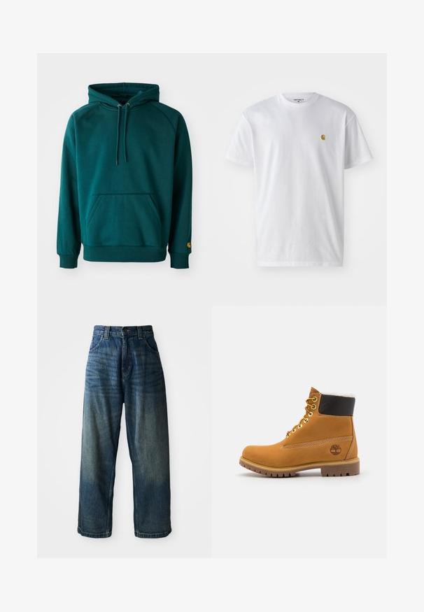 Teal hoodie med kengurulomme, snore og ribbede manchetter. Blødt stof med en glat tekstur, der har et logo-ryw på ærmet.; Hvid bomulds t-shirt med korte ærmer, rund hals og et lille guld logo på venstre brystområde. Blød tekstur og almindelig pasform.; Bredde ben blå denimjeans med en falmet finish. Har fem lommer, knaplukning og kontrasterende syninger. Tyk stof.; Brune læder ankelstøvle med metaløjer, hvid pelsforing, sort polstret krave, robust sål og præget logo på siden.