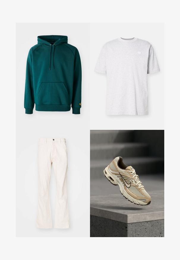 Teal hoodie med kengurulomme, snore og ribbede manchetter. Blødt stof med en glat tekstur, der har et logo-ryw på ærmet.; Lys grå bomulds t-shirt med korte ærmer, rund halsudskæring og et lille hvidt logo på venstre bryst. Blød tekstur, afslappet pasform.; Kræmfarvede, flagrende bukser med lodrette røde striber, der har en knaplukning, sidelommer og et glat tekstureret stof.; Beige og hvid Nike løbesko med mesh paneler og sort swoosh, der svæver over en betonkant med slørede trapper i baggrunden.
