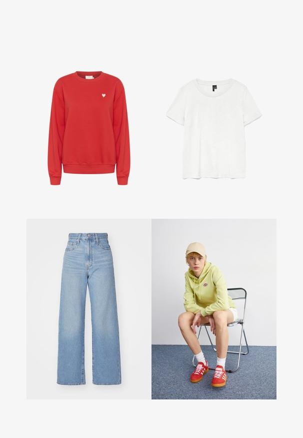 Sweatshirt rouge en tissu doux, avec un col rond, des manches longues et un petit logo en forme de cœur blanc sur la poitrine.; T-shirt blanc à manches courtes avec un col rond, fabriqué en tissu léger. Design simple, texture lisse et ourlet droit.; Jean large taille haute bleu clair avec bouton et fermeture éclair à l'avant, poches avant et arrière, sur fond blanc.; Un sweat à capuche vert clair avec logo, un short blanc, des baskets rouges avec rayures blanches, assis sur une chaise pliante en chrome contre un fond neutre.