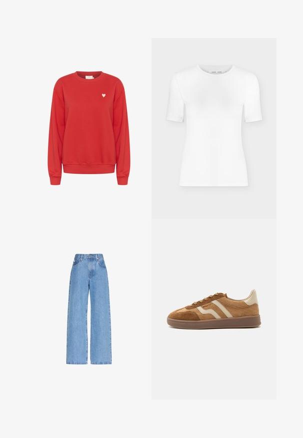 Sweatshirt rouge en tissu doux, avec un col rond, des manches longues et un petit logo en forme de cœur blanc sur la poitrine.; T-shirt blanc à manches courtes avec col rond, coupe slim et texture de tissu côtelé, présenté sur un fond uni gris clair.; Jean en denim bleu clair taille haute avec jambes larges, poches avant, passants de ceinture et fermeture par bouton.; Baskets en daim marron et velours côtelé avec des rayures beiges ondulées, des lacets et une semelle en caoutchouc sur fond blanc, vue de côté.